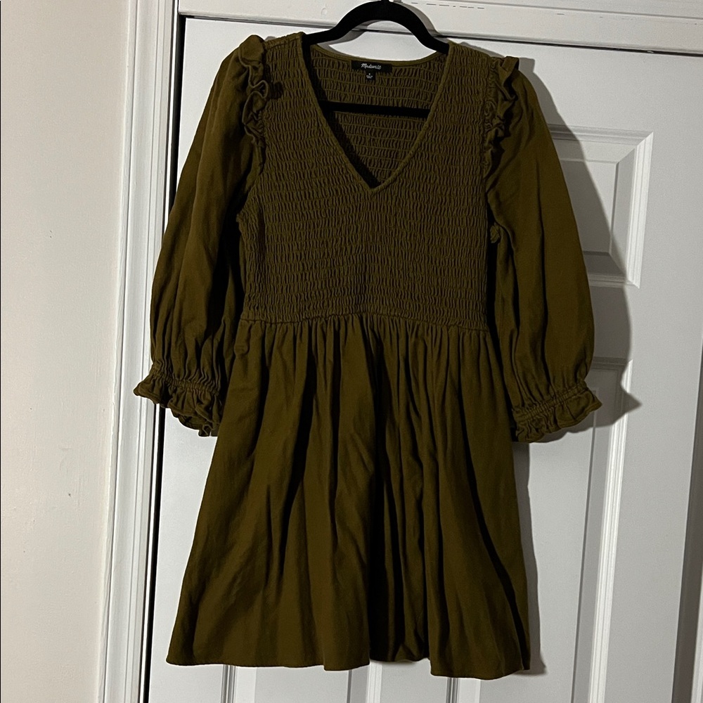 Madewell Olive Textured V-Neck mini dress